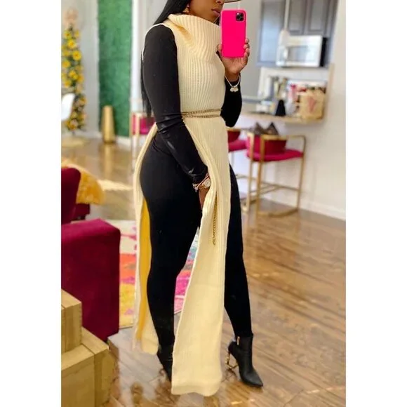 Women Sleeveless Maxi Sweater Dress Knitted Turtleneck Side Split